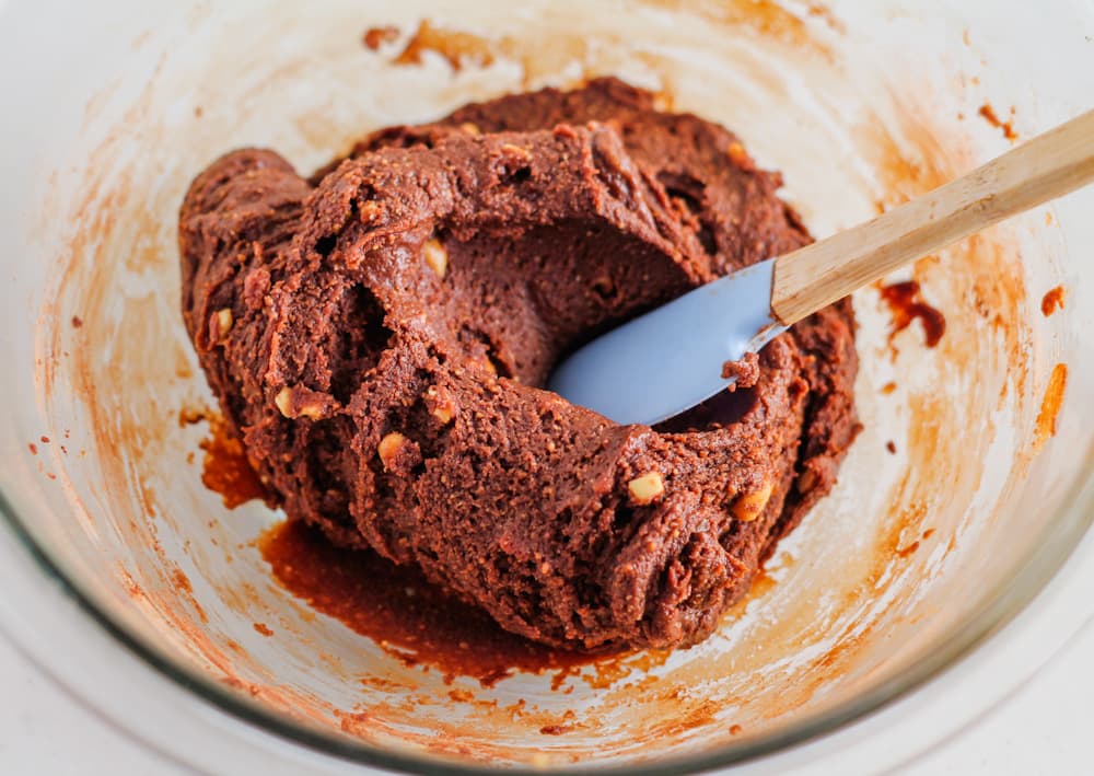 brownie batter in a mixing bowl.