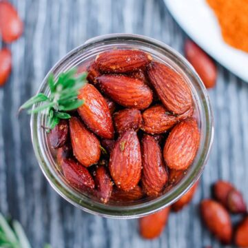 rosemary almonds in a jar.