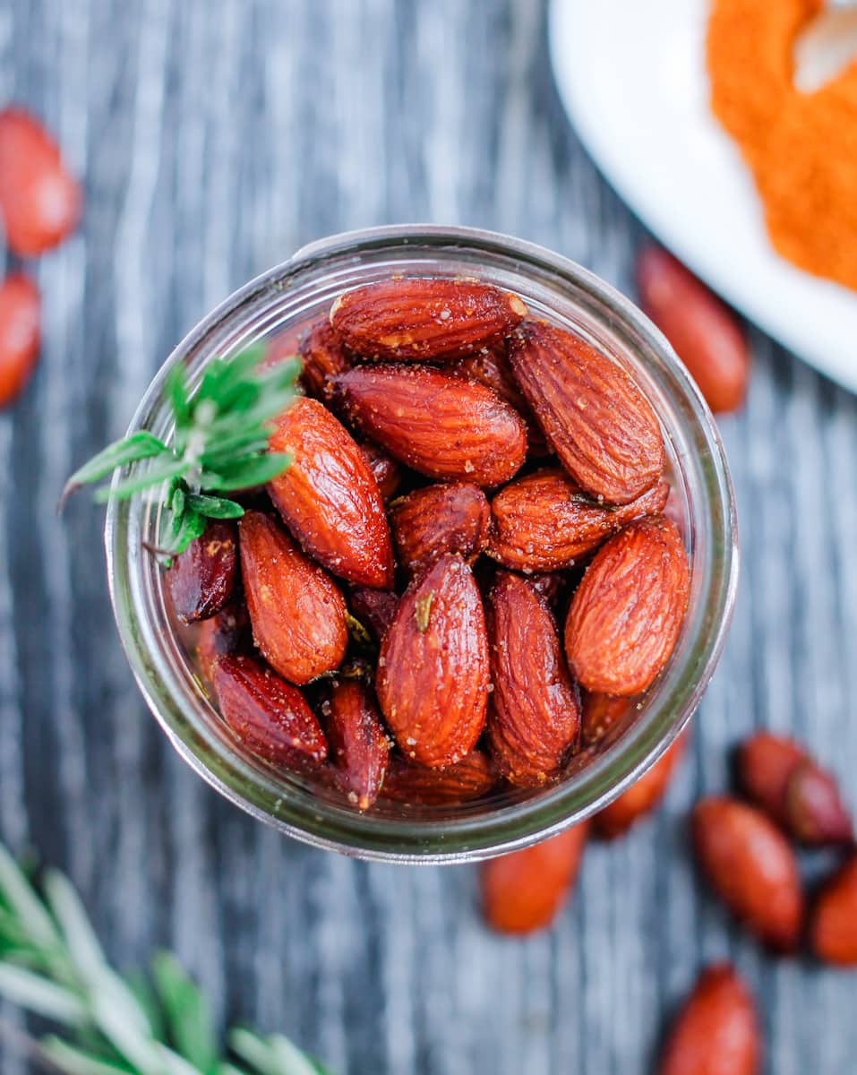 rosemary almonds in a jar.