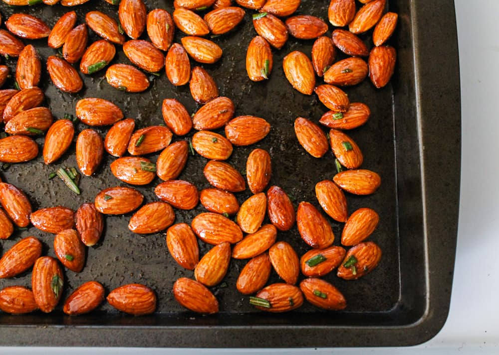 almonds on a roasting tray.