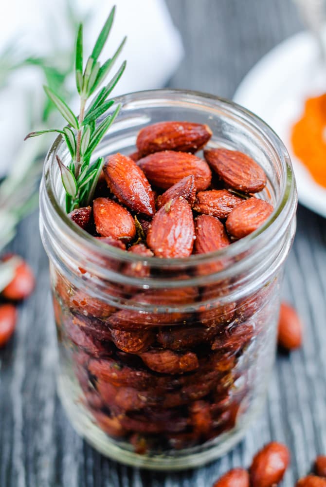 rosemary almonds in a jar.