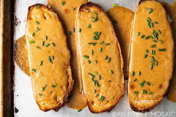 welsh rarebit on a baking tray.