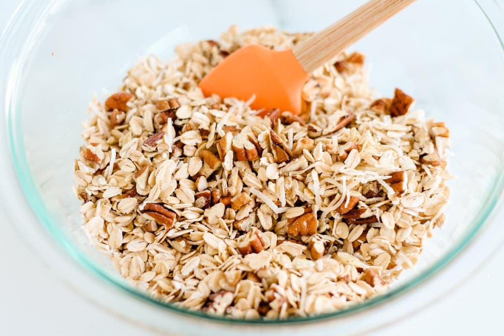 a bowl of oats and chopped pecans.