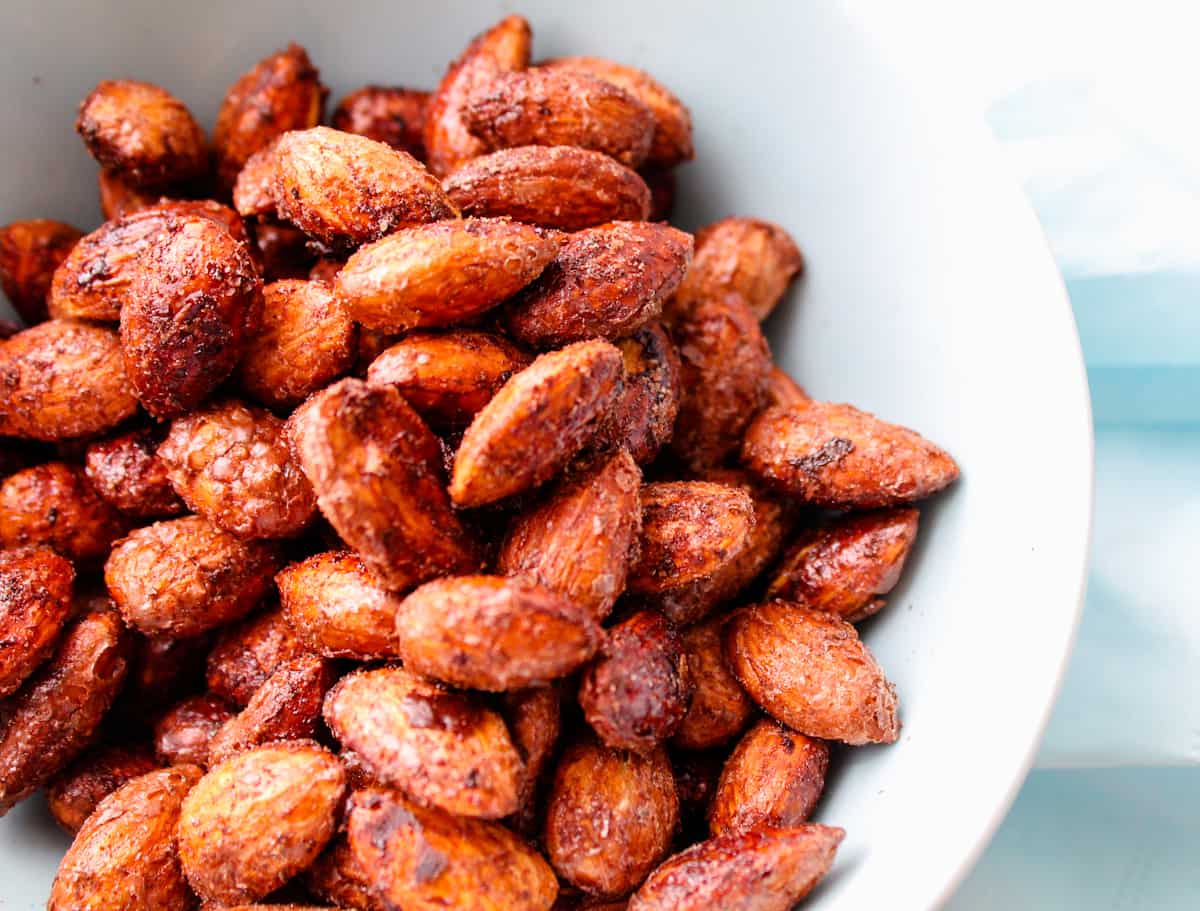 a bowl of cinnamon roasted almonds.