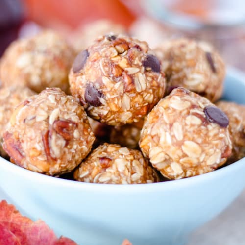 a bowl of maple pecan snacks balls.