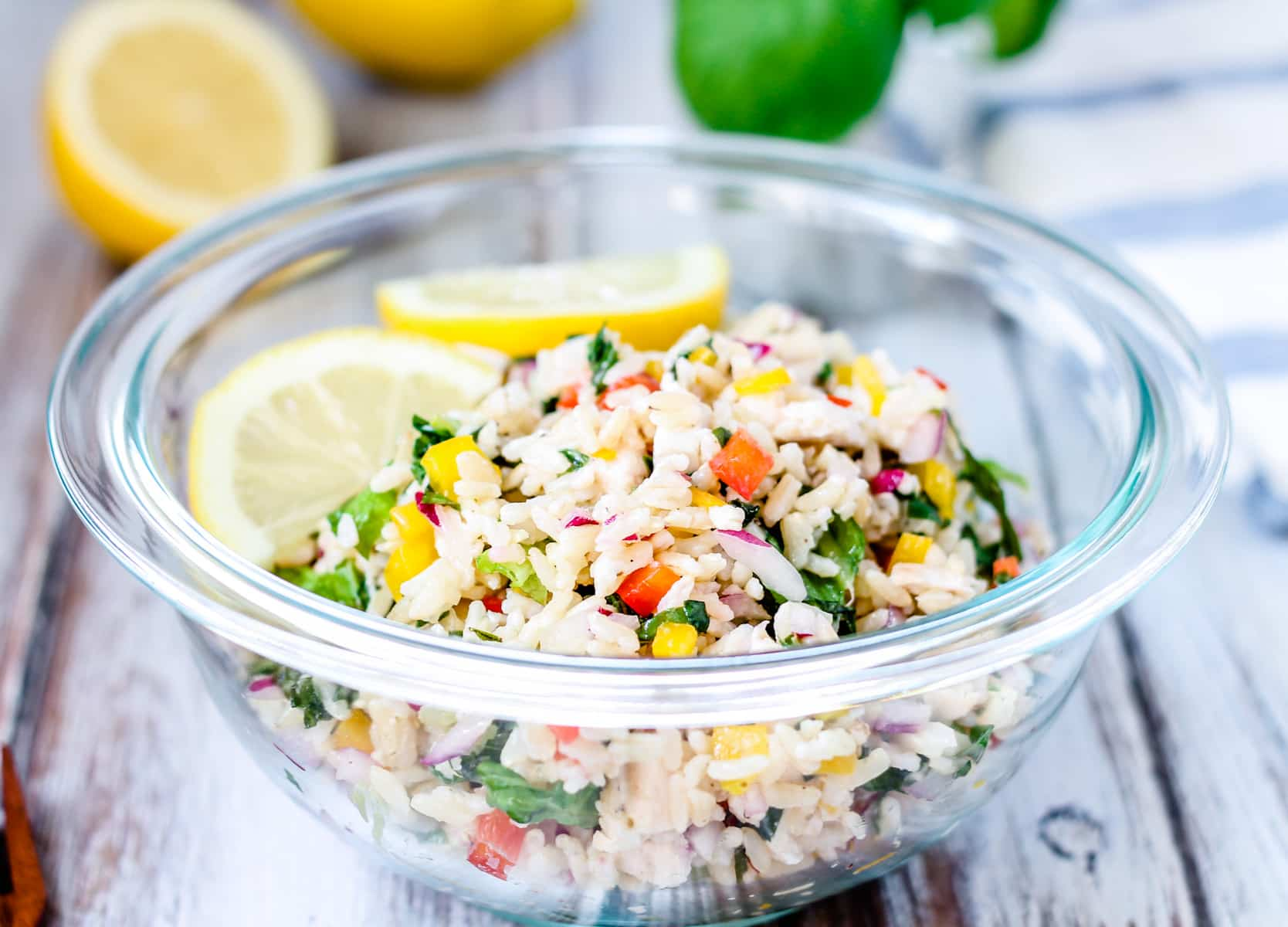 a bowl of chicken and rice salad.