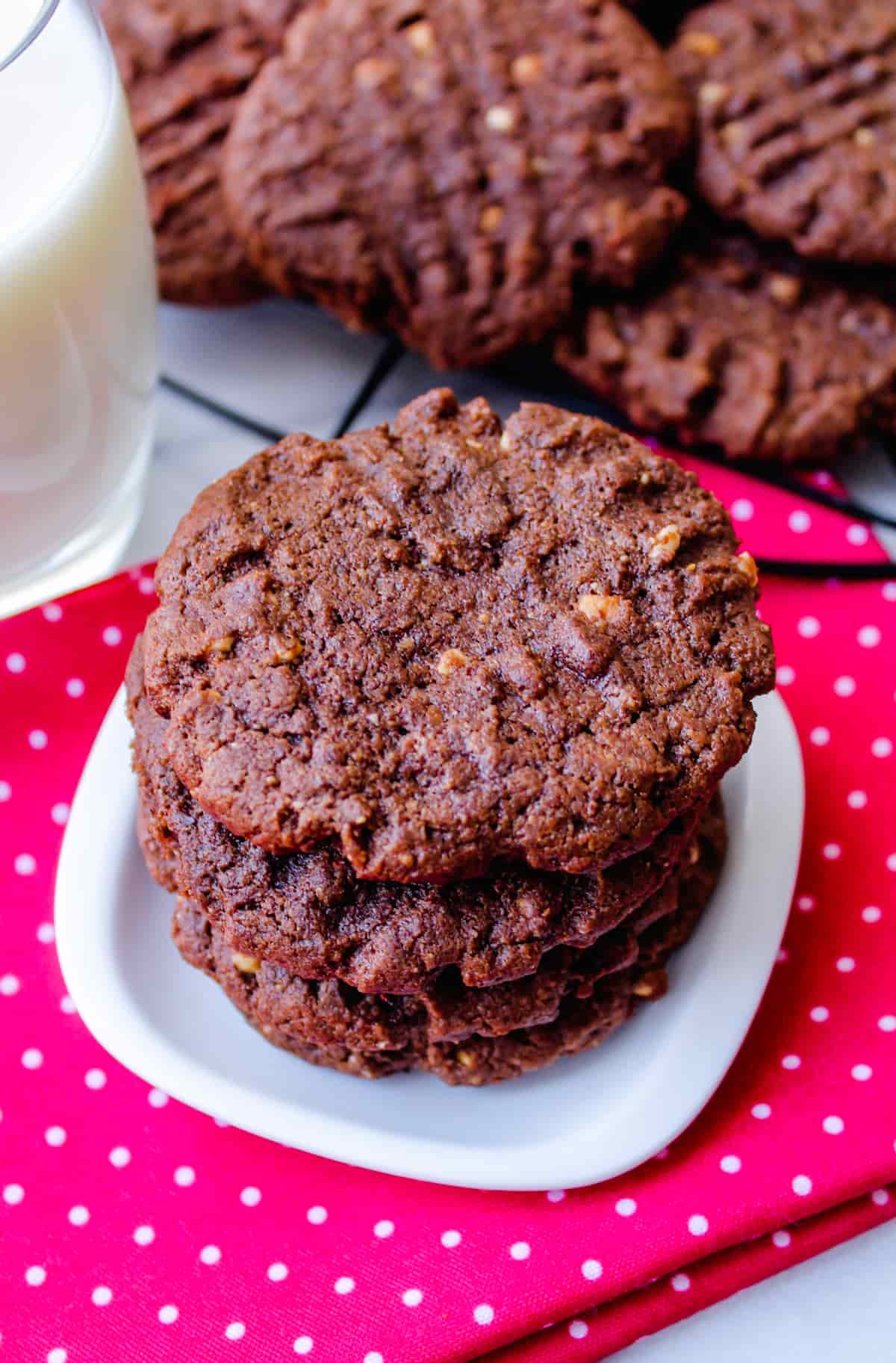 a stack of chocolate protein cookies.