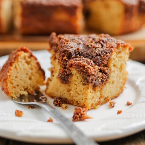 A slice of healthy coffee cake on a plate.