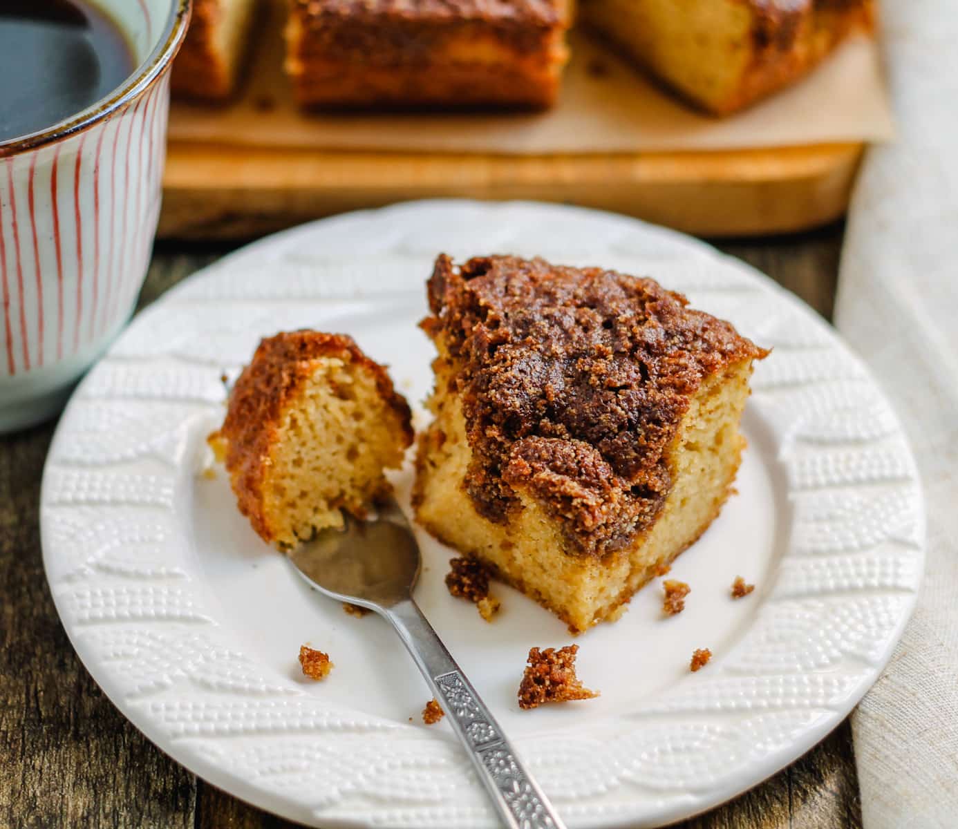 a plate with a slice of healthy coffee cake.