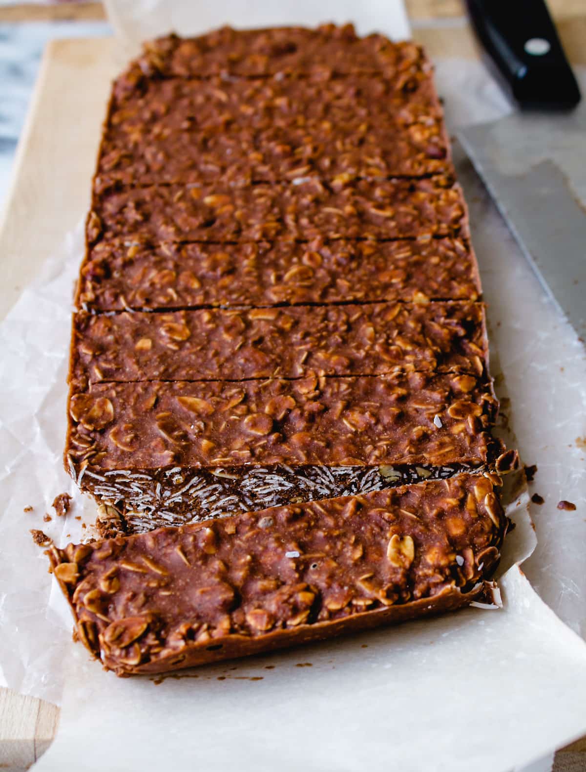 slices of no bake chocolate oat bars.