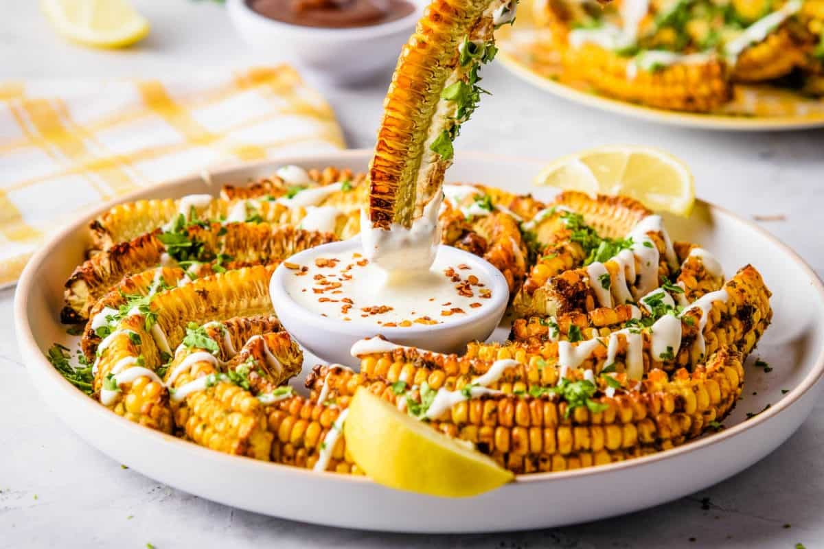 a plate of air fryer corn ribs.