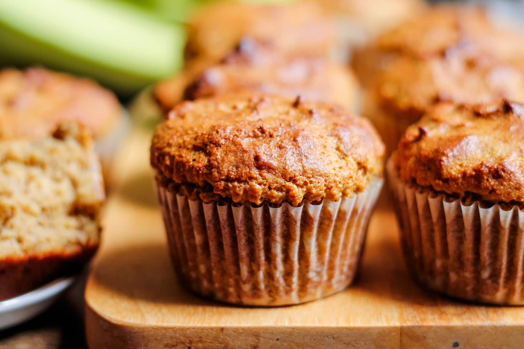 Closeup of a tray of healthy banana protein muffins.