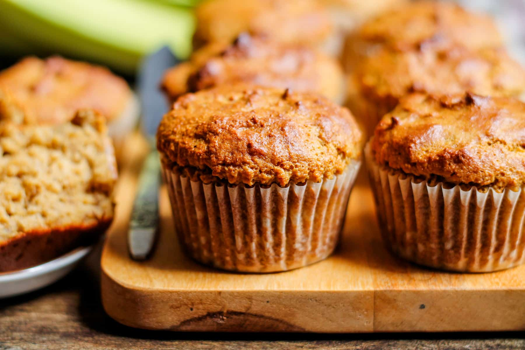 Eye level view of banana protein muffins.