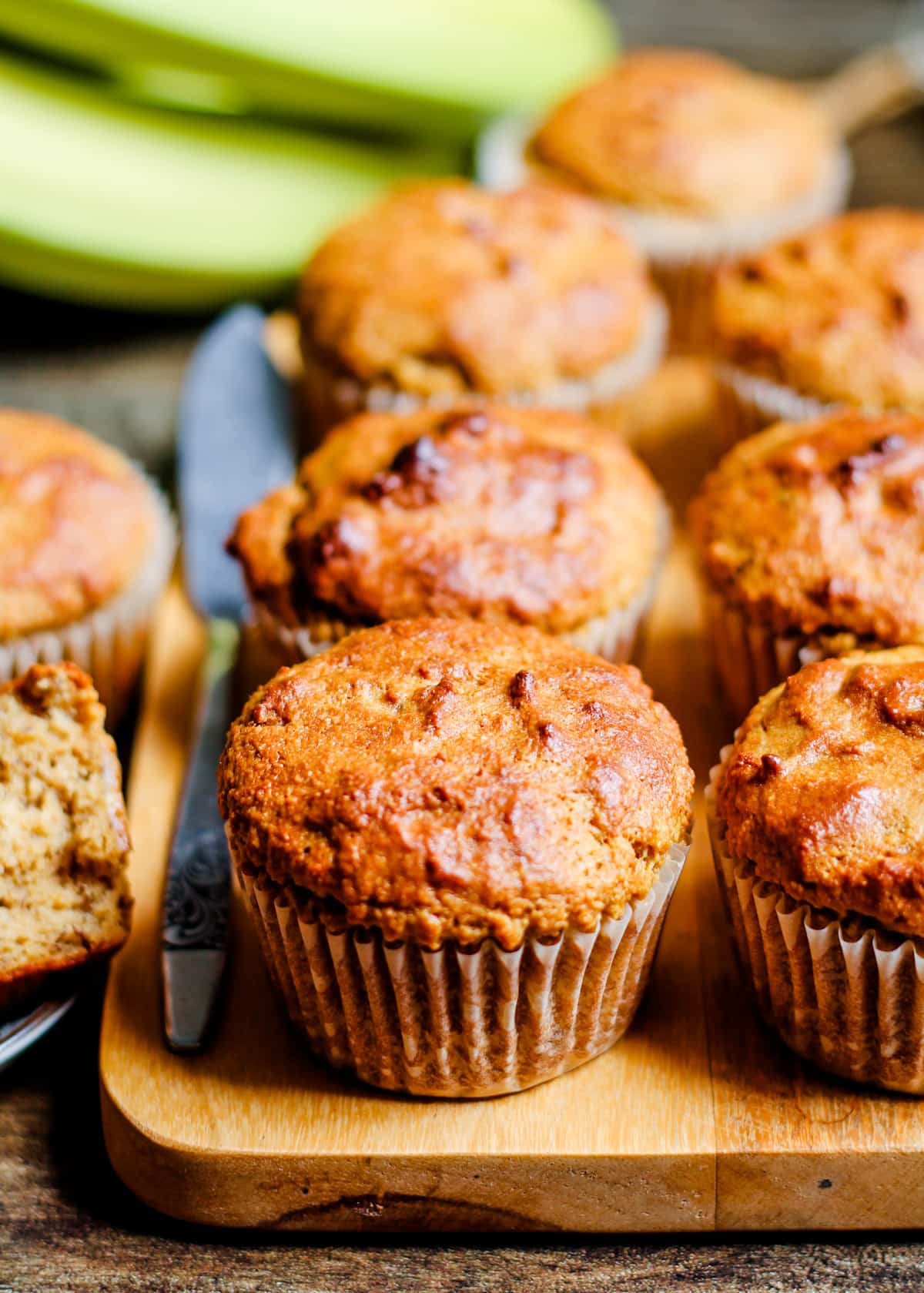 a board of healthy protein banana muffins.