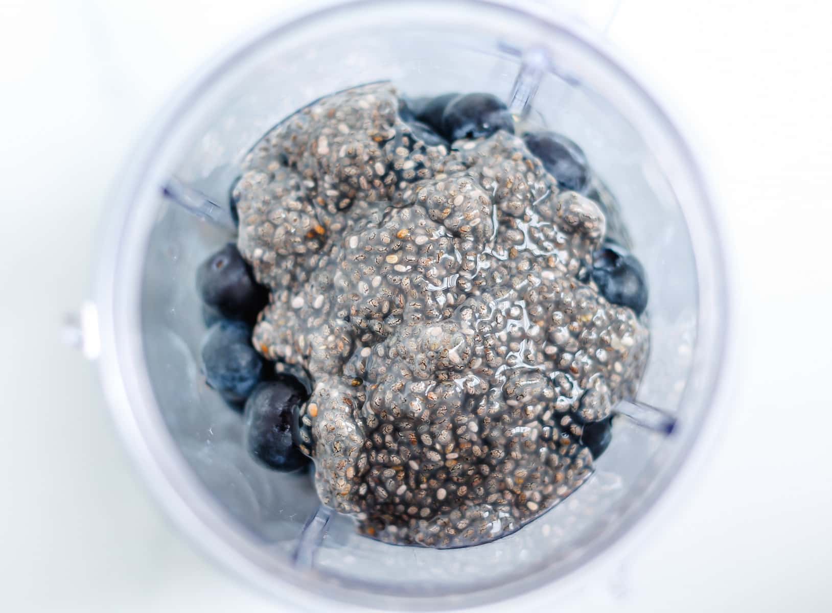 a blender with blueberries topped by chia seed gel.