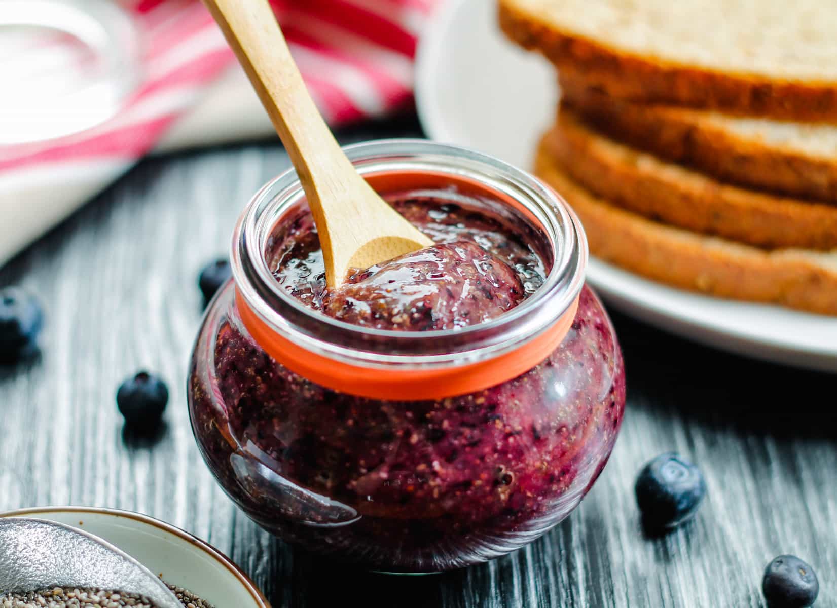 a jar of homemade blueberry chia seed jam.