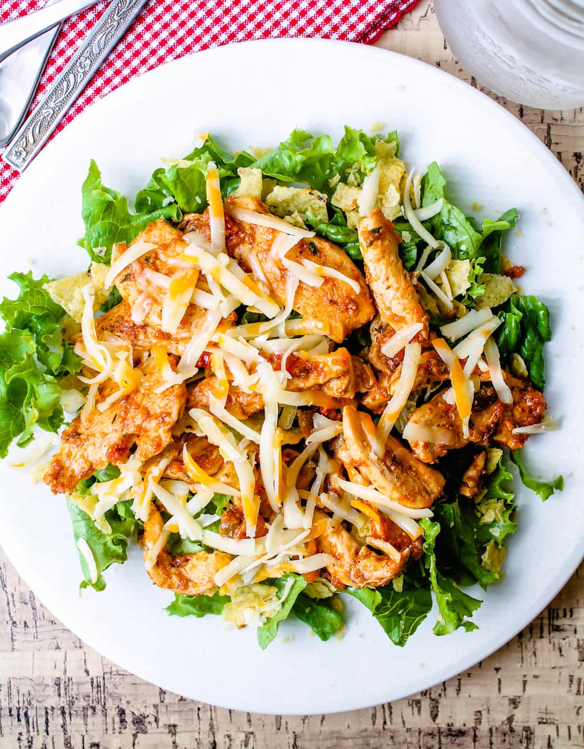easy chicken taco salad on a dinner plate.