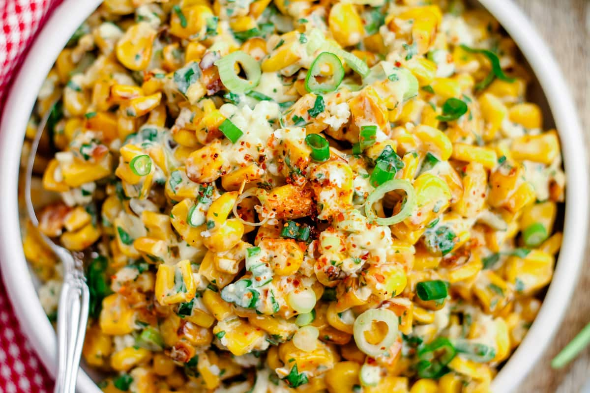 Mexican street corn in a bowl.