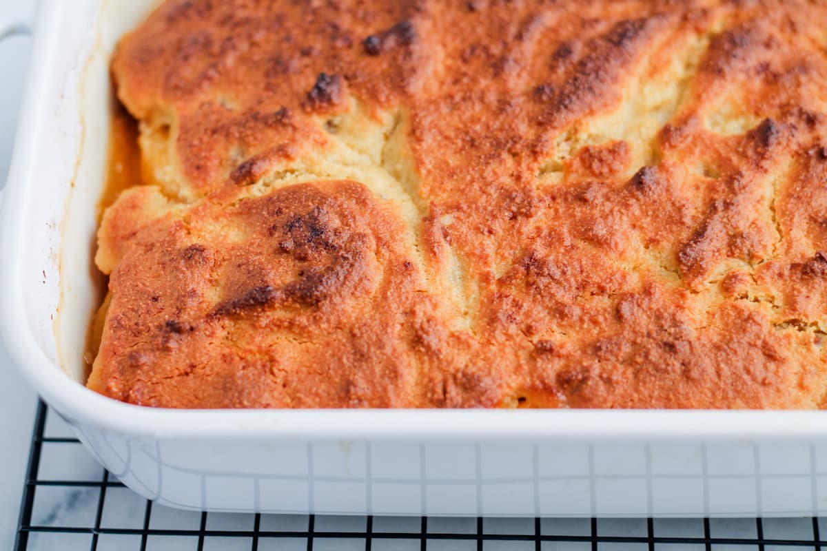 freshly baked cobbler in a baking dish.