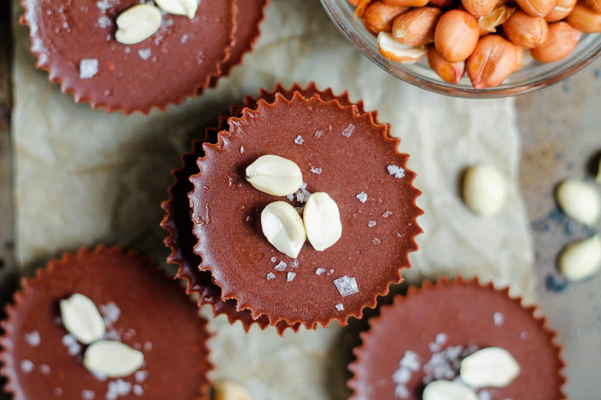Healthy peanut butter cups on a tray.