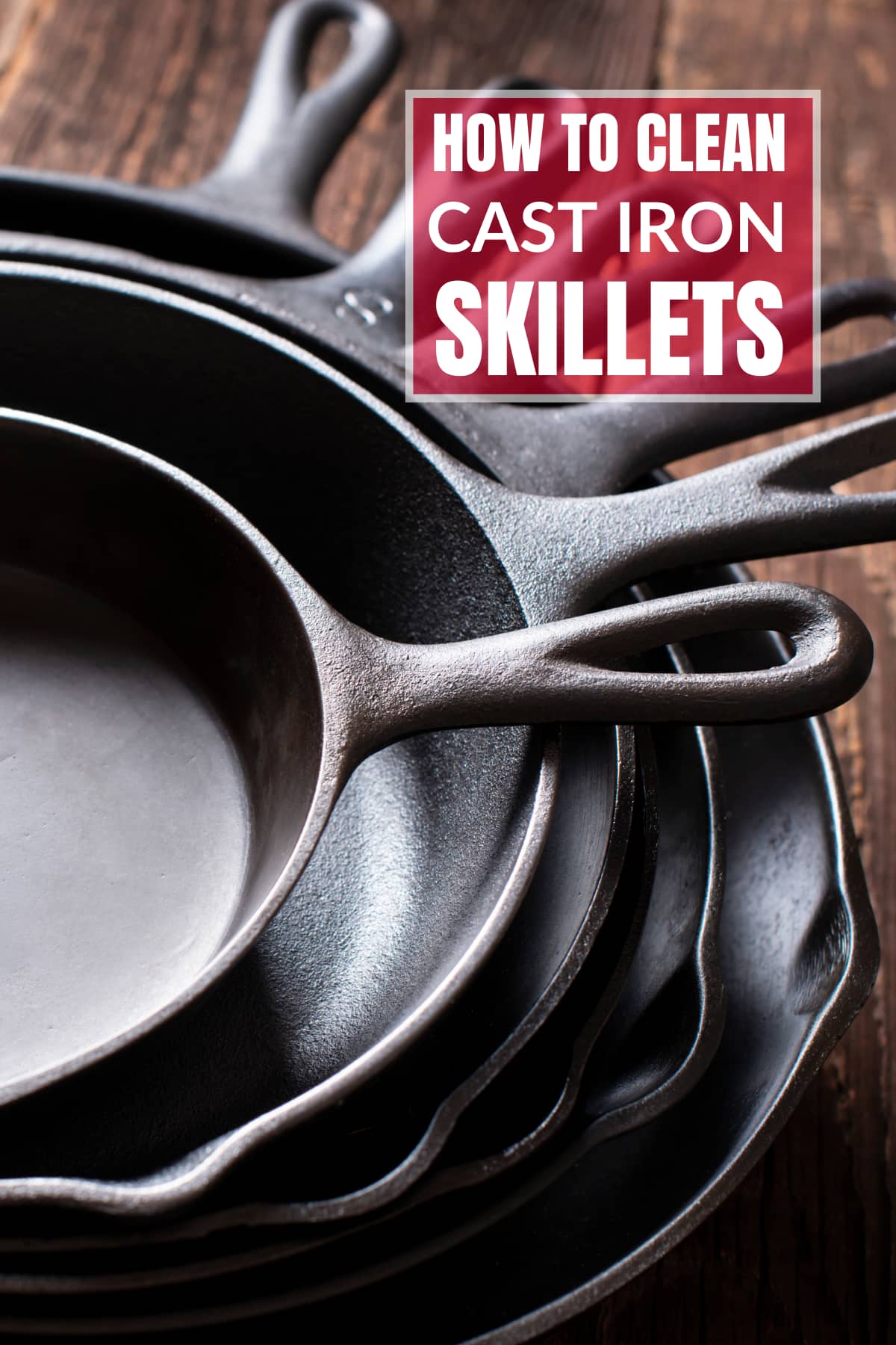 An overhead image of cast iron skillets with text overlay.
