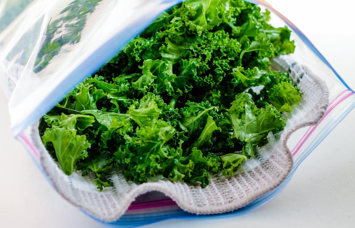 leafy greens stuffed in a ziploc bag lined with a dishcloth.