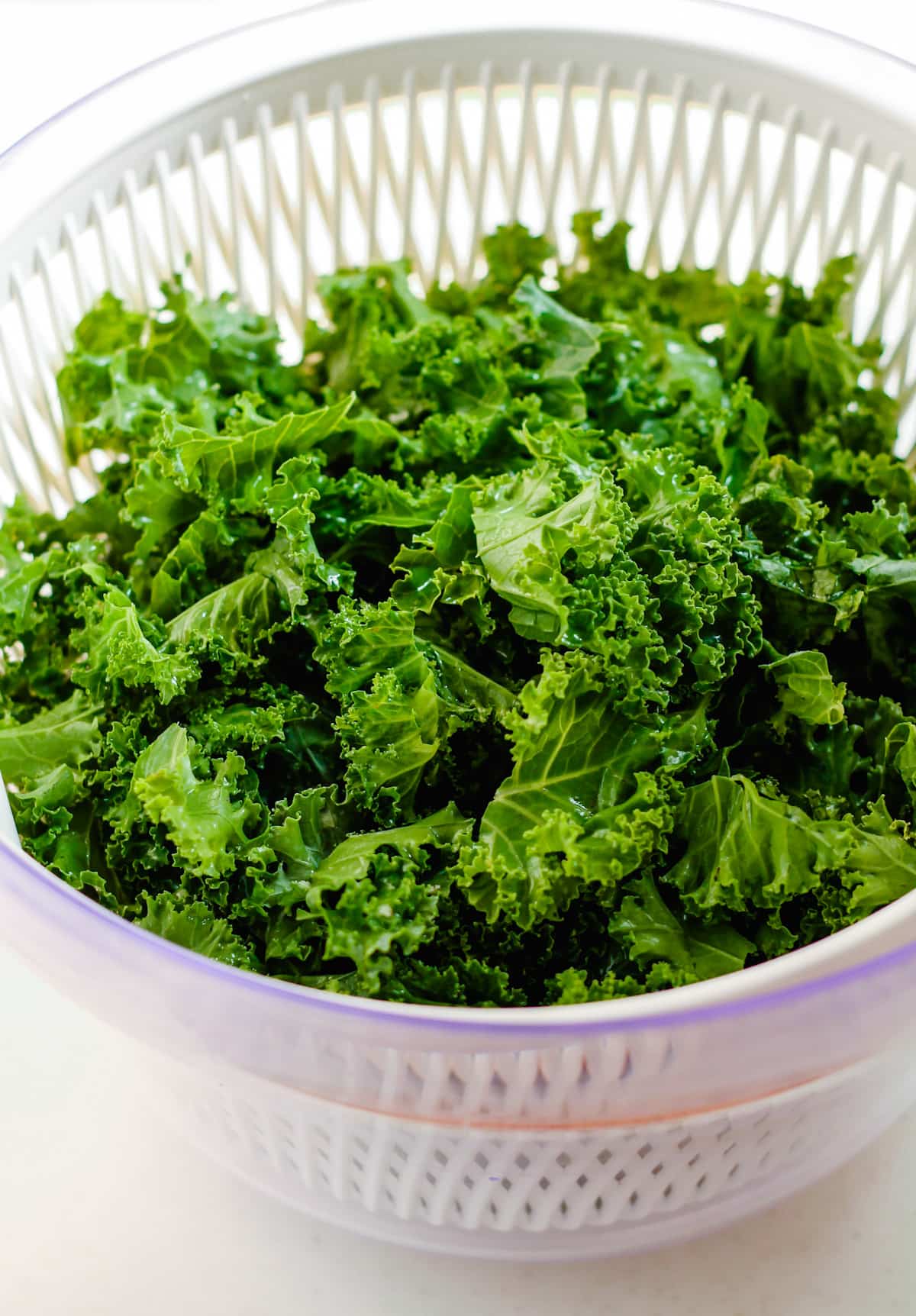freshly washed leaves of kale in a salad spinner.