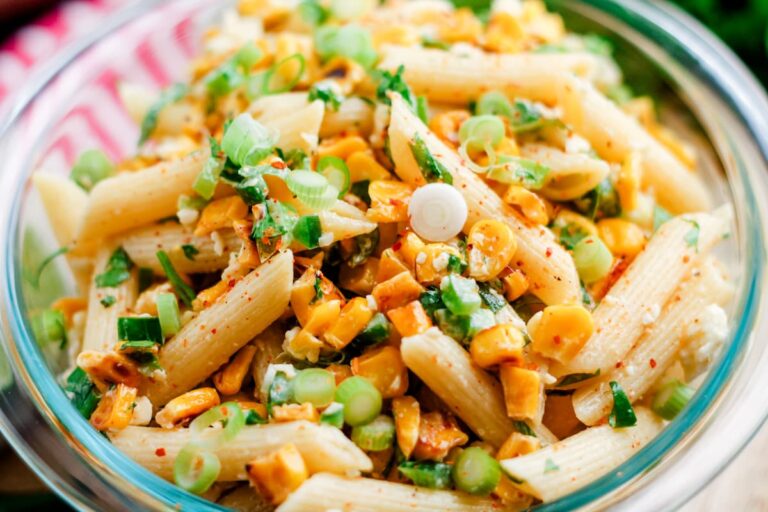 An overhead image of Mexican Street Corn Salad in a glass bowl.