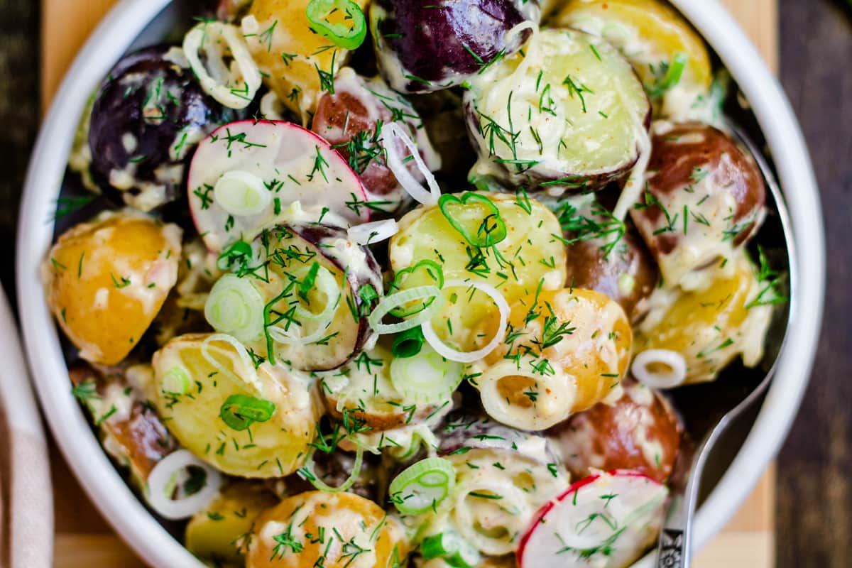 Overhead image of spring onion potato salad.