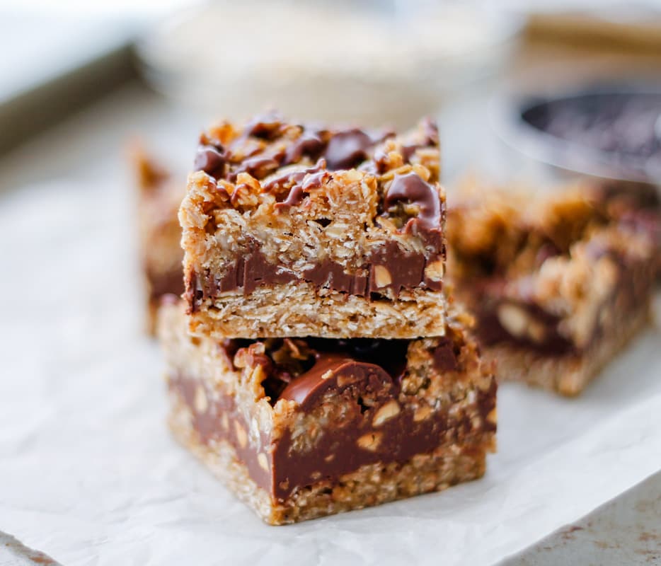 A stack of peanut butter oat bars on a tray.