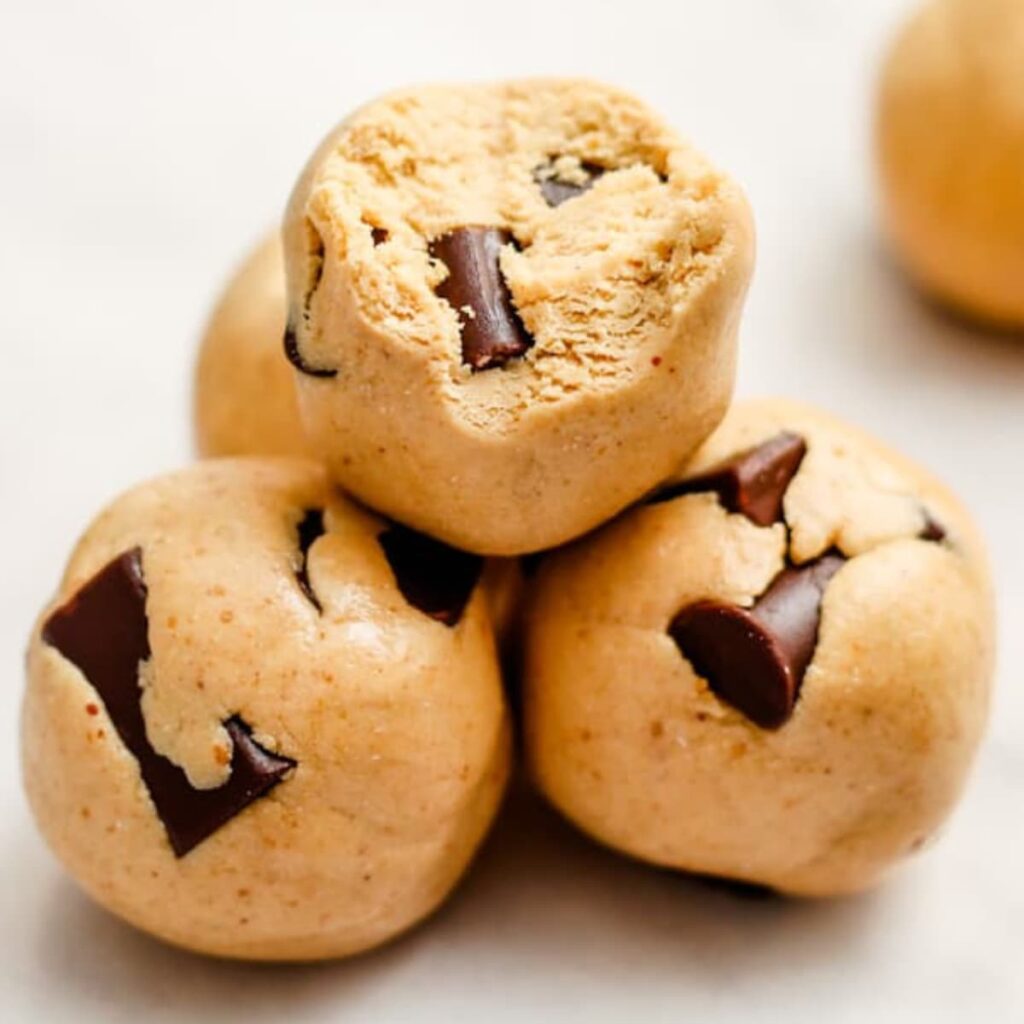 A close-up of protein cookie dough balls.