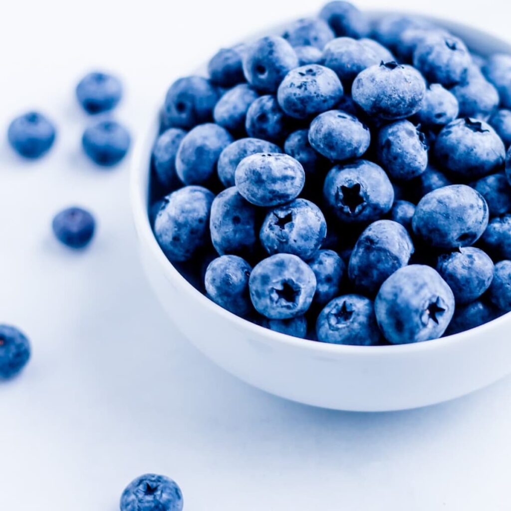 A bowl of blueberries.