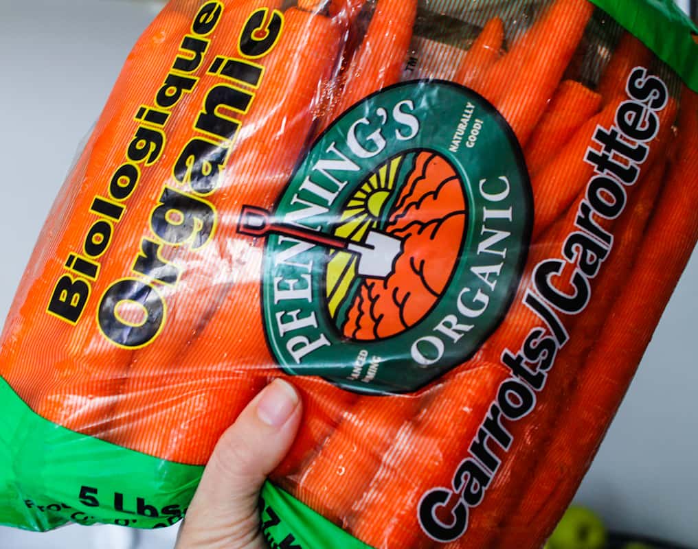 A bag of organic carrots.