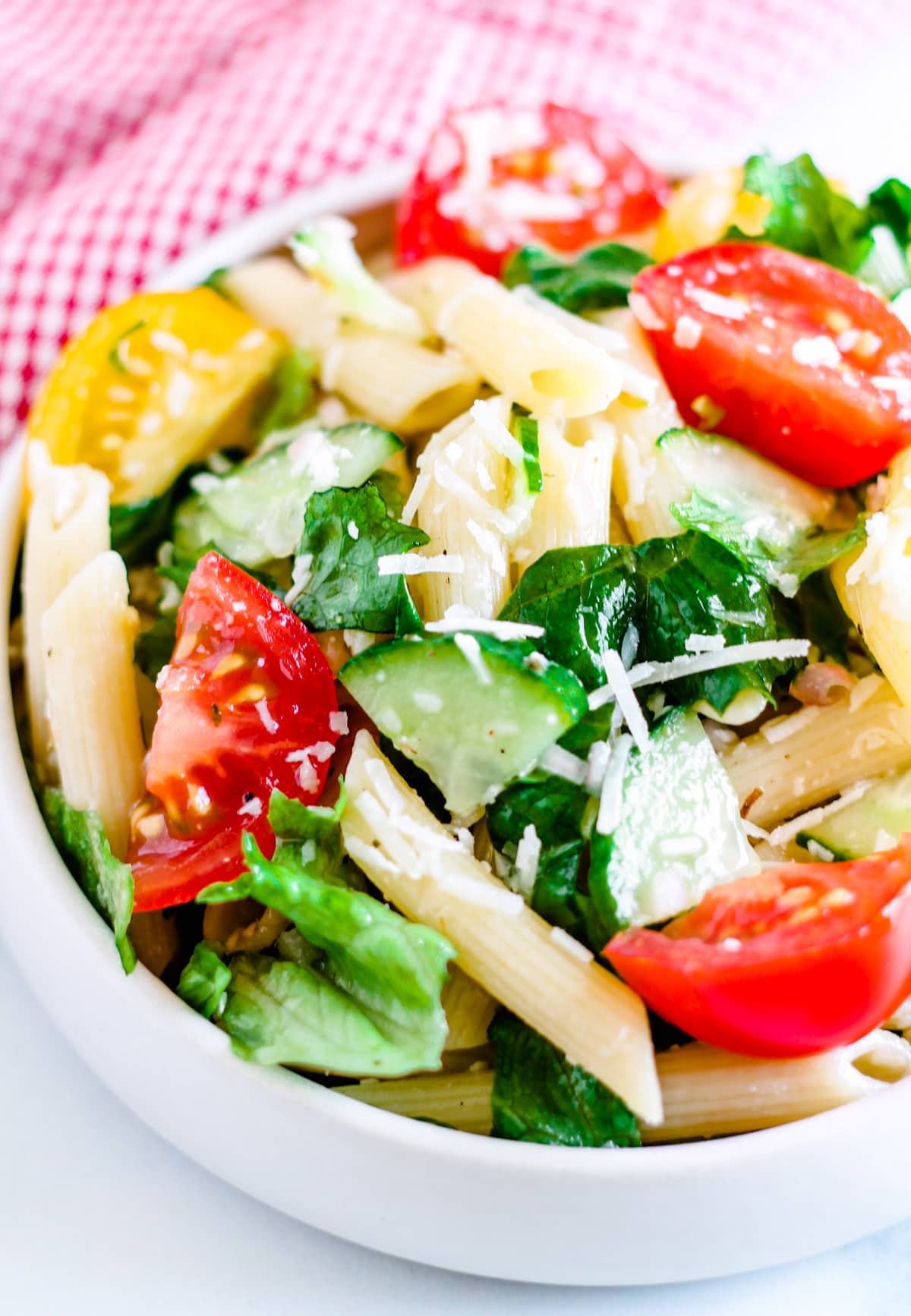 Overhead image of a pasta salad without mayo in a bowl.