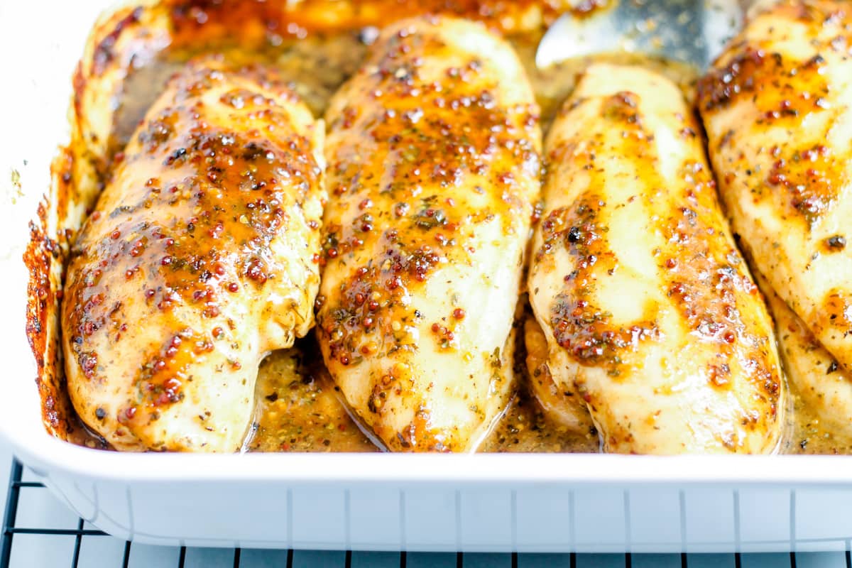 Baked chicken in a dish right out of the oven.