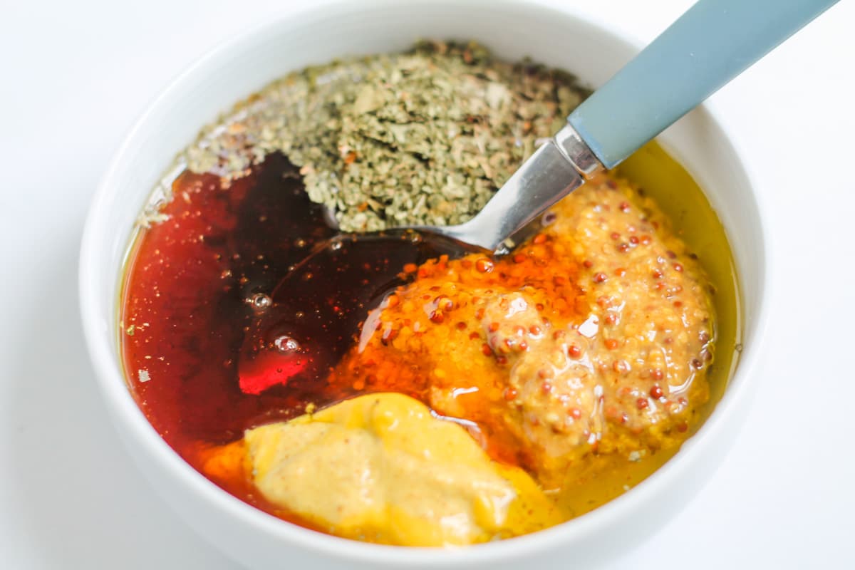 A bowl with marinade ingredients in it.