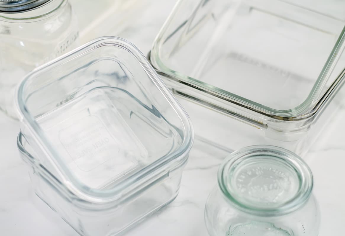 Glass containers on a counter.