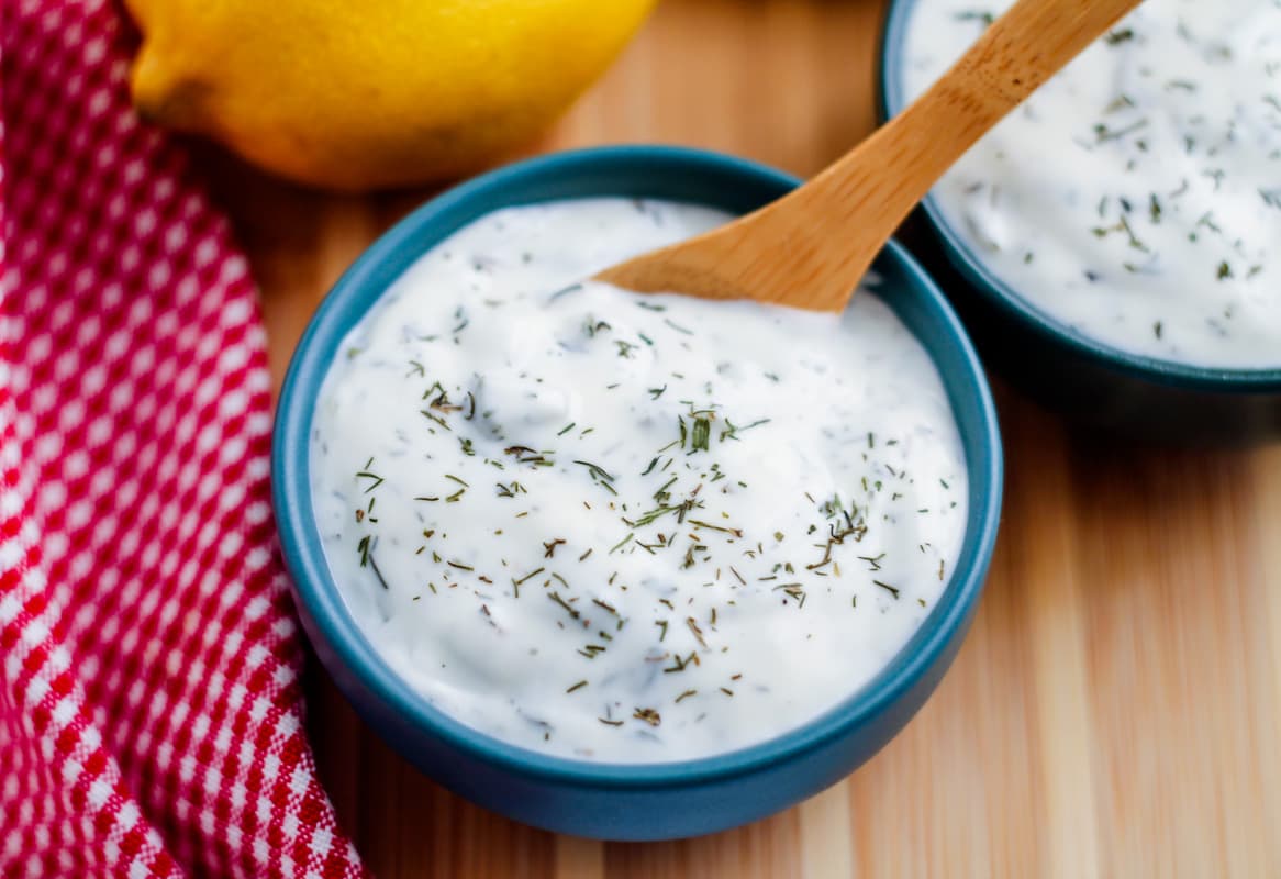 Overhead image of a small dish of healthy tartar sauce.