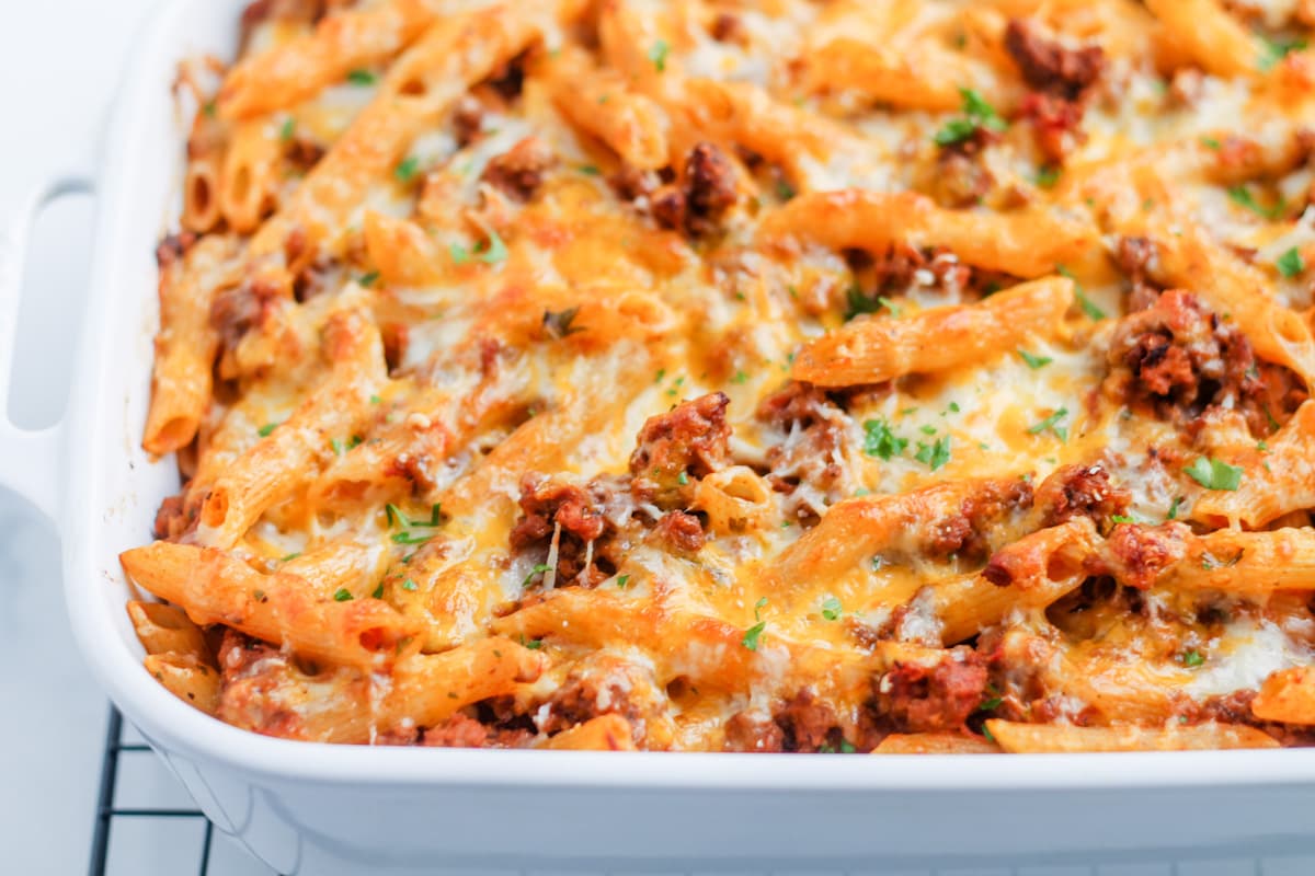 Baked pasta casserole in a dish.