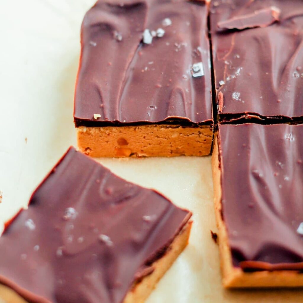 Slices of protein fudge on a counter.