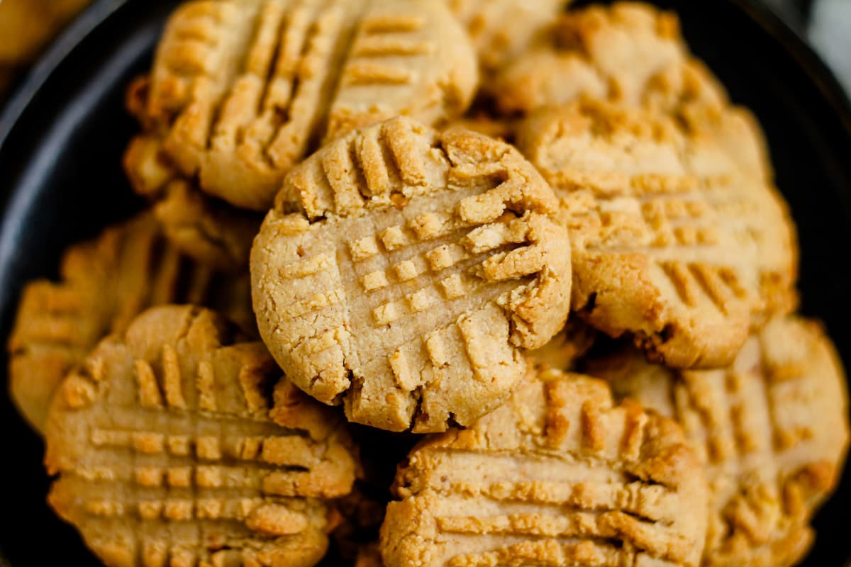 Overhead image of almond flour peanut butter cookies on a plate.
