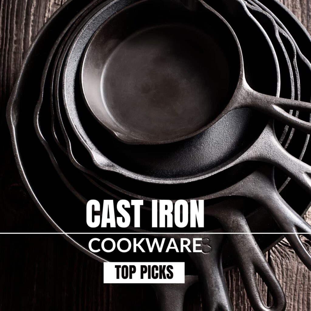 A table with cast iron cookware on it.