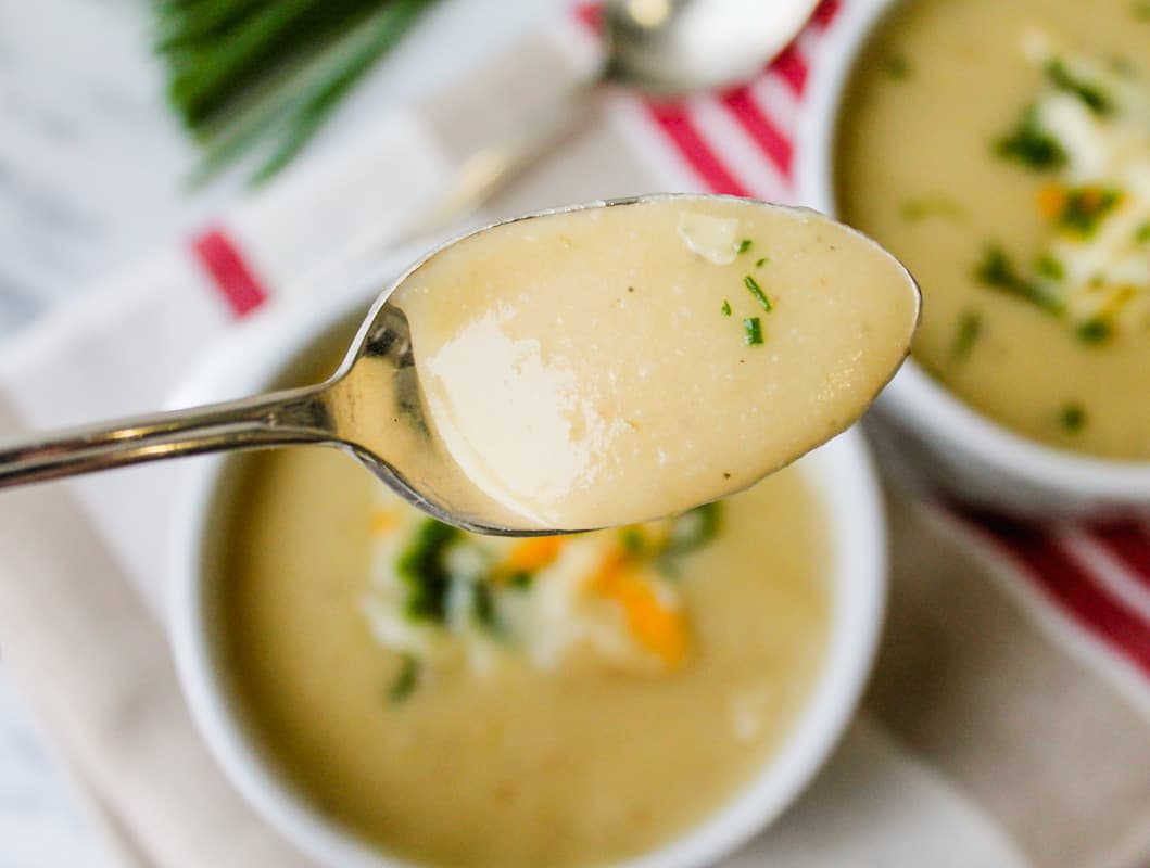 A spoonful of cauliflower potato soup.