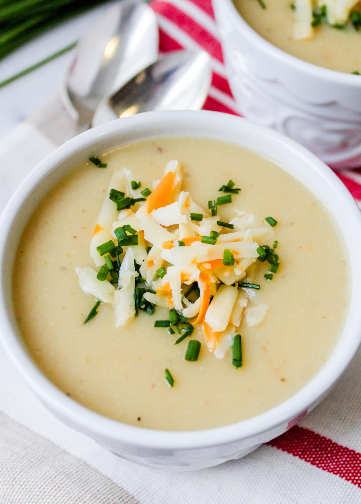 A bowl of cauliflower potato soup.