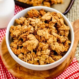 Overhead image of a bowl of easy homemade granola.