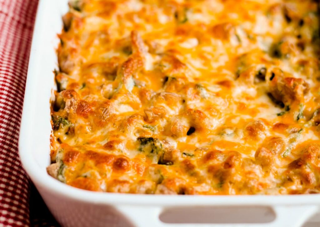 A baking dish with healthy tuna casserole.