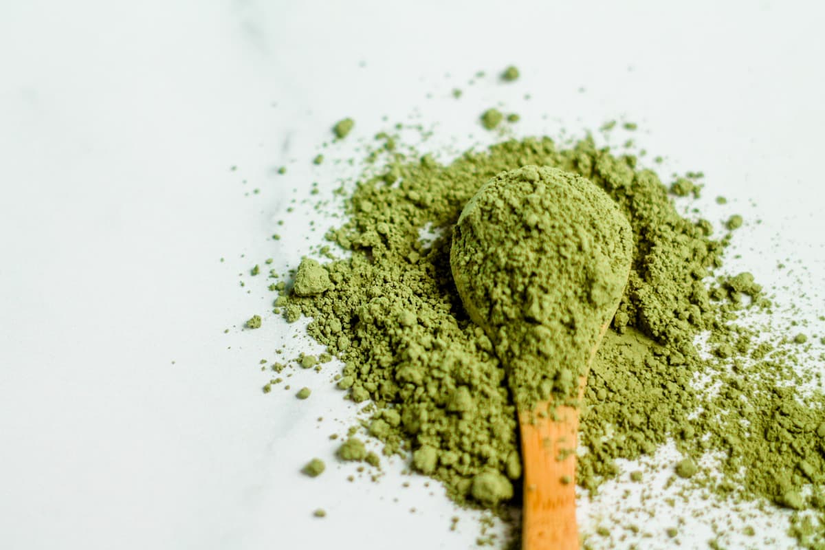 Matcha tea powder in a small wooden spoon.
