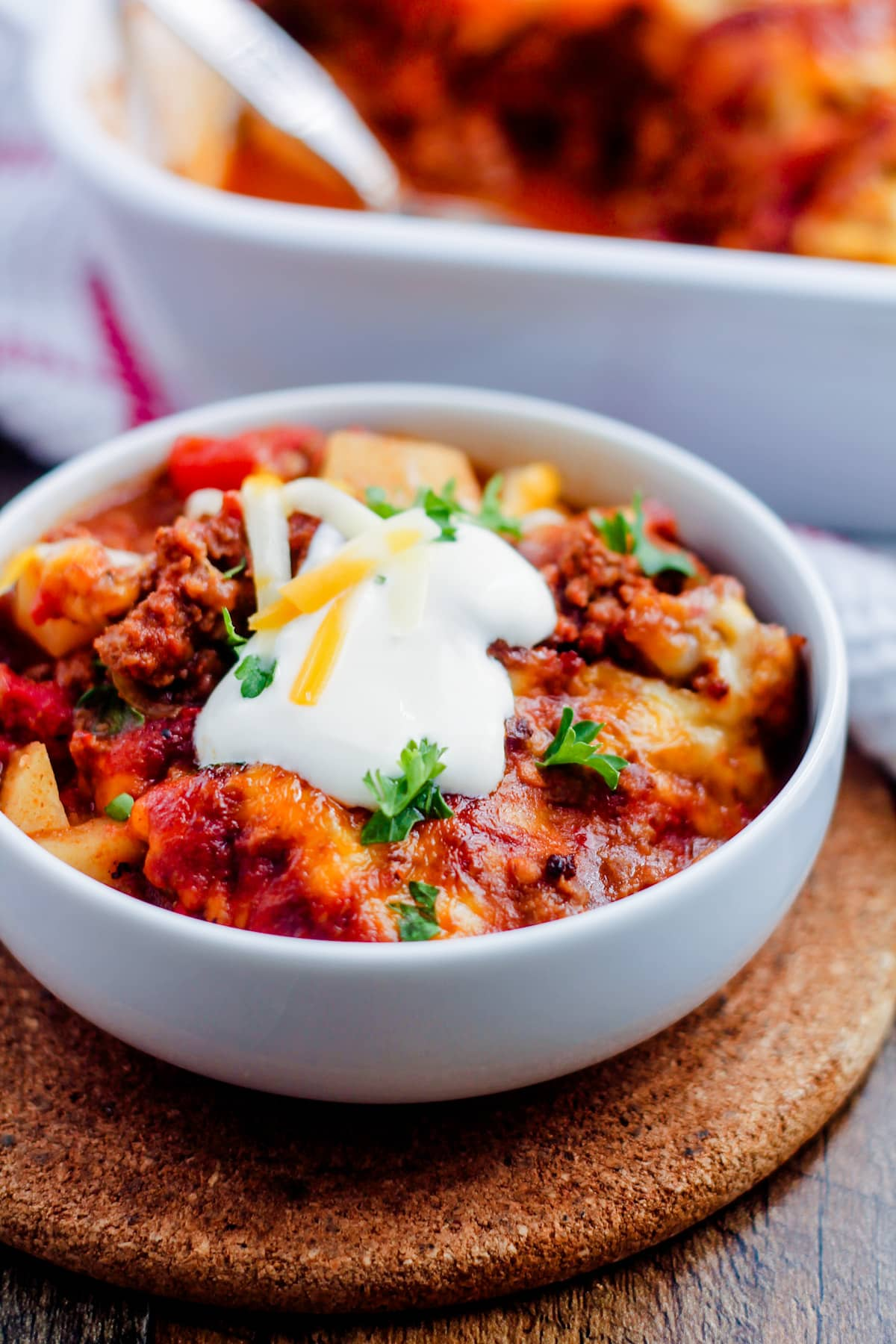 A bowl of taco potato casserole.