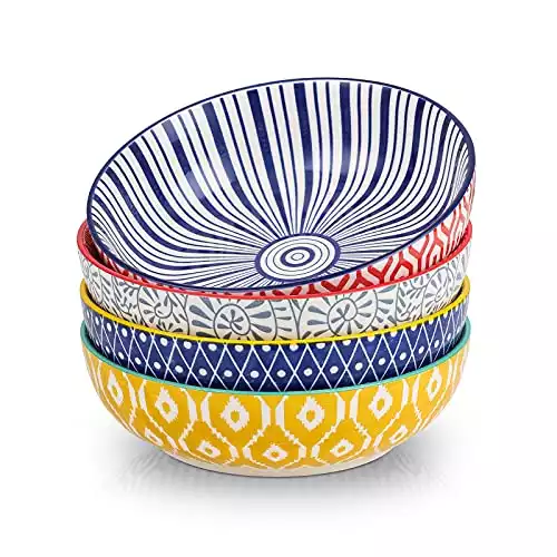 Selamica Ceramic 30 Ounce Large Pasta Bowls 8 inch Serving Bowls Wide and Shallow Microwave Dishwasher Safe Bowls Set of 4, Assorted Corlors