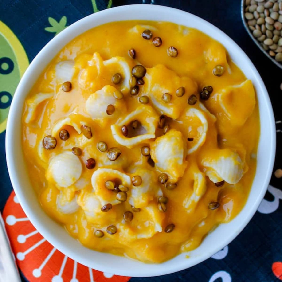 Overhead image of a bowl of butternut squash mac and cheese.